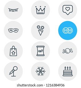 Vector illustration of 12 event icons line style. Editable set of candy, tag with heart, paper garland icon elements.