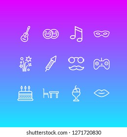 Vector illustration of 12 event icons line style. Editable set of happy people, dining table, guitar and other icon elements.
