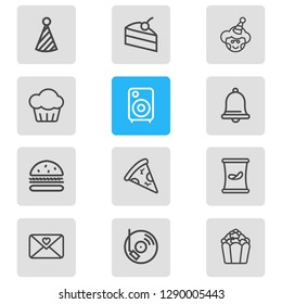 Vector illustration of 12 event icons line style. Editable set of cupcake, dj music, piece of pizza and other icon elements.