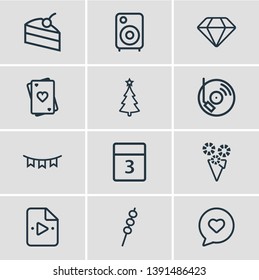 Vector illustration of 12 event icons line style. Editable set of christmas tree, dj music, piece of cake and other icon elements.