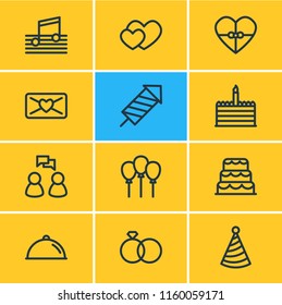 Vector illustration of 12 events icons line style. Editable set of conversation, music, wedding and other icon elements.