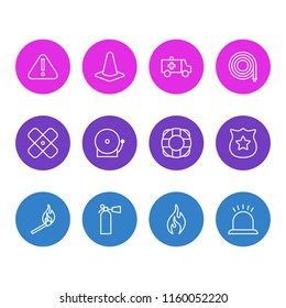 Vector illustration of 12 extra icons line style. Editable set of cone, fire, plaster and other icon elements.