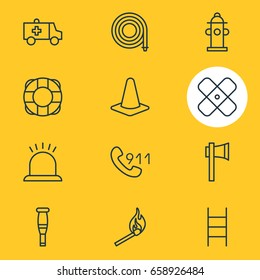 Vector Illustration Of 12 Extra Icons. Editable Pack Of Adhesive, Fire, Hosepipe And Other Elements.