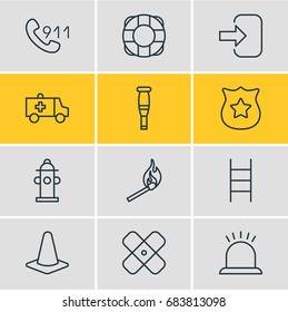 Vector Illustration Of 12 Extra Icons. Editable Pack Of Lifesaver, Stairs, Hotline And Other Elements.