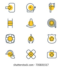 Vector Illustration Of 12 Extra Icons. Editable Pack Of Siren, Hardhat, Badge And Other Elements.