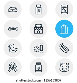 Vector illustration of 12 fauna icons line style. Editable set of dog food in can, pet toys, birdcage and other icon elements.