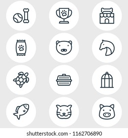 Vector illustration of 12 fauna icons line style. Editable set of pig, fish, transport box and other icon elements.