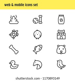 Vector illustration of 12 fauna icons line style. Editable set of chicken, turtle, pet poo and other icon elements.