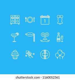 Vector illustration of 12 feast icons line style. Editable set of cocktail, present, muffin and other icon elements.