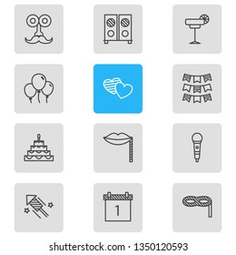 Vector illustration of 12 feast icons line style. Editable set of firework, birthday cake, loudspeaker and other icon elements.