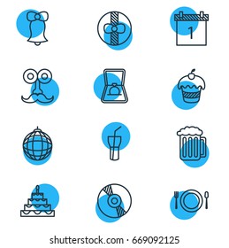 Vector Illustration Of 12 Feast Icons. Editable Pack Of Patisserie, Man Style, Compact Disk And Other Elements.