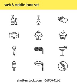 Vector Illustration Of 12 Feast Icons. Editable Pack Of Sundae, Musical Instrument, Compact Disk And Other Elements.