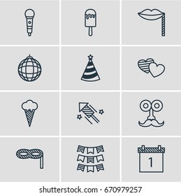 Vector Illustration Of 12 Feast Icons. Editable Pack Of Nightclub Ball, Party Flag, Soul And Other Elements.