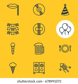 Vector Illustration Of 12 Feast Icons. Editable Pack Of Party Flag, Karaoke, Speaker And Other Elements.