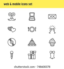Vector Illustration Of 12 Feast Icons. Editable Pack Of Engagement, Patisserie, Karaoke And Other Elements.