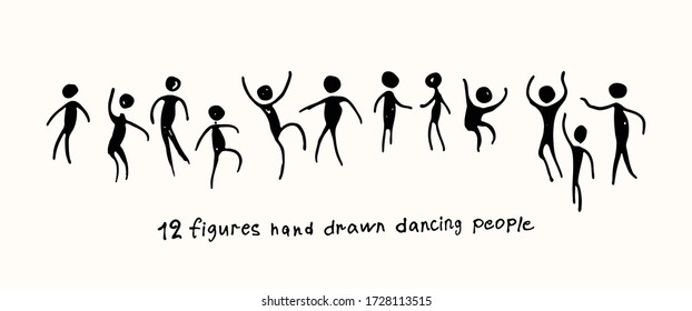 Vector illustration. 12 figures hand drawn dancing people. Set of Doodle People Move. Hand draw black marker art.