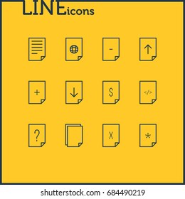 Vector Illustration Of 12 File Icons. Editable Pack Of Upload, Remove, Basic And Other Elements.
