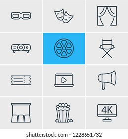 Vector illustration of 12 film icons line style. Editable set of director chair, movie on laptop, curtains and other icon elements.