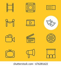 Vector Illustration Of 12 Film Icons. Editable Pack Of Tv, Filmstrip, Megaphone And Other Elements.
