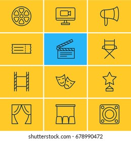 Vector Illustration Of 12 Film Icons. Editable Pack Of Television, Movie Reel, Coupon And Other Elements.