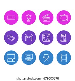 Vector Illustration Of 12 Film Icons. Editable Pack Of Shooting Seat, Tv, Loudspeaker And Other Elements.