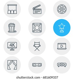 Vector Illustration Of 12 Film Icons. Editable Pack Of Resolution, Shooting Seat, Monitor And Other Elements.