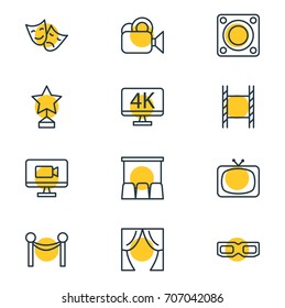 Vector Illustration Of 12 Film Icons. Editable Pack Of Spectacles, Reward, Theater And Other Elements.
