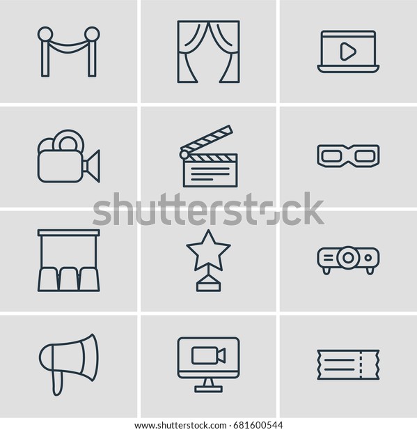 Vector Illustration Of\
12 Film Icons. Editable Pack Of Megaphone, Monitor, Cinema Fence\
And Other Elements.