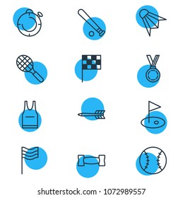 Vector illustration of 12 fitness icons line style. Editable set of game, arrow, batting and other icon elements.