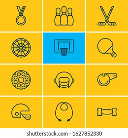Vector illustration of 12 fitness icons line style. Editable set of pins, whistle, barbell and other icon elements.