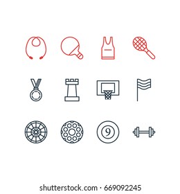 Vector Illustration Of 12 Fitness Icons. Editable Pack Of Pong, T-Shirt, Skipping Rope And Other Elements.