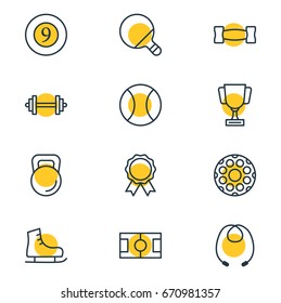 Vector Illustration Of 12 Fitness Icons. Editable Pack Of Pong, Tennis, Dumbbell And Other Elements.