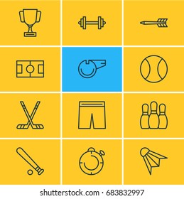 Vector Illustration Of 12 Fitness Icons. Editable Pack Of Uniform, Barbell, Goblet And Other Elements.