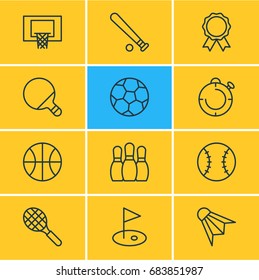 Vector Illustration Of 12 Fitness Icons. Editable Pack Of Badminton, Golf, Basketball And Other Elements.