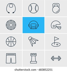 Vector Illustration Of 12 Fitness Icons. Editable Pack Of Racer Hat, Batting, Badminton And Other Elements.