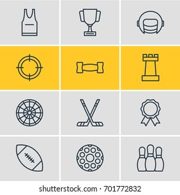 Vector Illustration Of 12 Fitness Icons. Editable Pack Of T-Shirt, Dumbbell, Goblet And Other Elements.