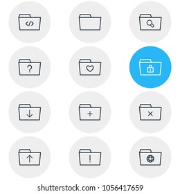 Vector illustration of 12 folder icons line style. Editable set of missed, shared, folder and other icon elements.