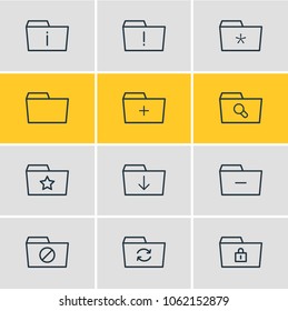 Vector illustration of 12 folder icons line style. Editable set of download, locked, important and other icon elements.