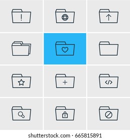 Vector Illustration Of 12 Folder Icons. Editable Pack Of Magnifier, Script, Locked And Other Elements.