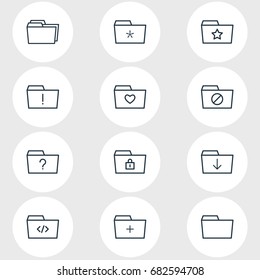 Vector Illustration Of 12 Folder Icons. Editable Pack Of Script, Liked, Locked And Other Elements.