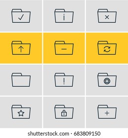 Vector Illustration Of 12 Folder Icons. Editable Pack Of Recovery, Dossier, Plus And Other Elements.