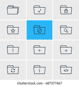 Vector Illustration Of 12 Folder Icons. Editable Pack Of Recovery, Plus, Magnifier And Other Elements.