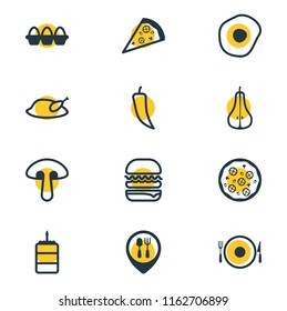 Vector illustration of 12 food icons line style. Editable set of hamburger, birthday cake, tray of eggs and other icon elements.