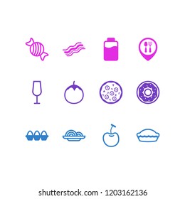 Vector illustration of 12 food icons line style. Editable set of dinner place, pie, bacon and other icon elements.