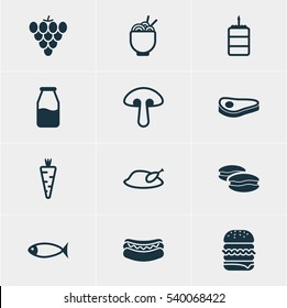 Vector Illustration Of 12 Food Icons. Editable Pack Of Streetfood , Veggie, Sandwich Elements.