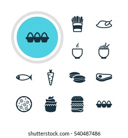 Vector Illustration Of 12 Food Icons. Editable Pack Of Veggie, Seafood, Egg Container And Other Elements.