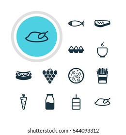 Vector Illustration Of 12 Food Icons. Editable Pack Of Veggie, Cruet, Vineyard And Other Elements.