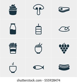 Vector Illustration Of 12 Food Icons. Editable Pack Of Seafood, Vineyard, Spaghetti And Other Elements.