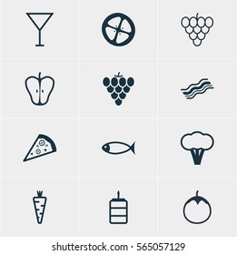 Vector Illustration Of 12 Food Icons. Editable Pack Of Vineyard, Pastry, Veggie And Other Elements.