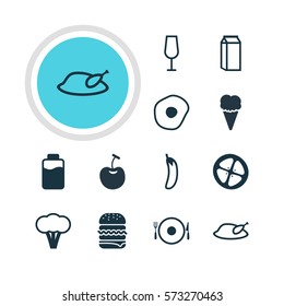 Vector Illustration Of 12 Food Icons. Editable Pack Of Aubergine, Love Apple, Milk And Other Elements.